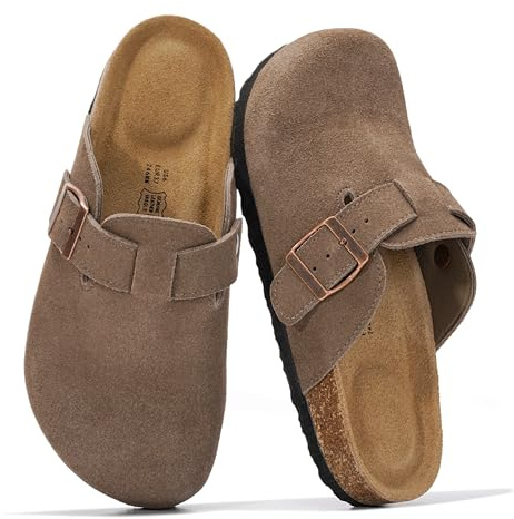 Project Cloud Genuine Leather Footbed Clogs for Women - Memory Foam Arch Support Slippers for Women - Trendy Slip-ons Women's Mules & Clogs Sandals (Benton,FOSSSUEDE,8.5M)