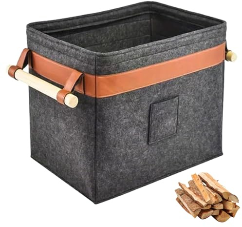 Holzkorb für Kaminholz, 60L extra dicker Filztasche Groß, Kaminholzkorb mit verstärktem Holzgriff, Faltbarer Holzkorb für Kaminholz Aufbewahrung Innen & Transport (A)