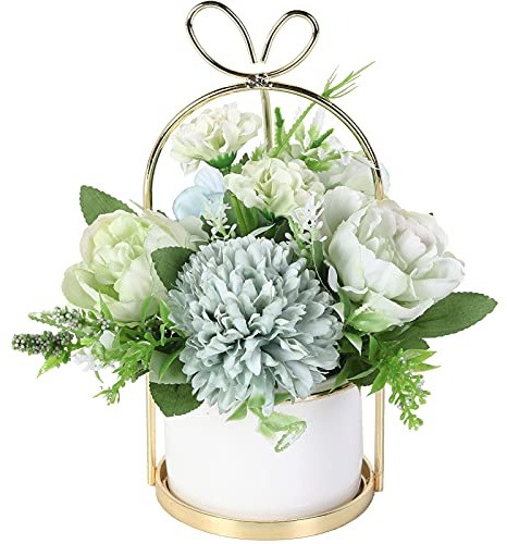 Hobyhoon Künstliche Seidenblumen mit Vase, künstliche Hortensien und Chrysanthemen, Blumenarrangement für Zuhause, Hochzeitsdekoration, Tischdekoration, Wohnzimmerdekoration