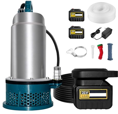 Pompe Submersible, 5000 L/H Pompe à eau Sans fil avec Tuyau de 10m,Câble de Connexion de 5m,Batterie 21V et Chargeur,Hauteur de Refoulement Max.16m, Idéal pour Piscine, Lit à eau, Arrosage du Jardin