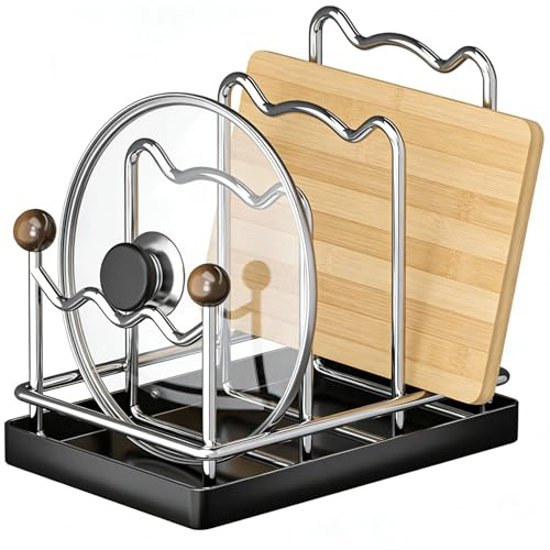 Neehows Pot Lid Organizer Cutting Board Holder with Removable Tray -Black | 3-Slot Kitchen Pot Lid Storage Rack Chopping Board Holder for Countertop, 8.2 x 5.1 x 7.2 in