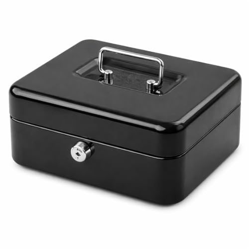 Steel Cash Box with Lock & 2 Keys | Petty Cash Money Box Tin | Secure Coin & Note Storage | Home, Office, Retail & Events | 4”, 6” & 8” Sizes | Assorted Colours (BLACK, 8 INCH)