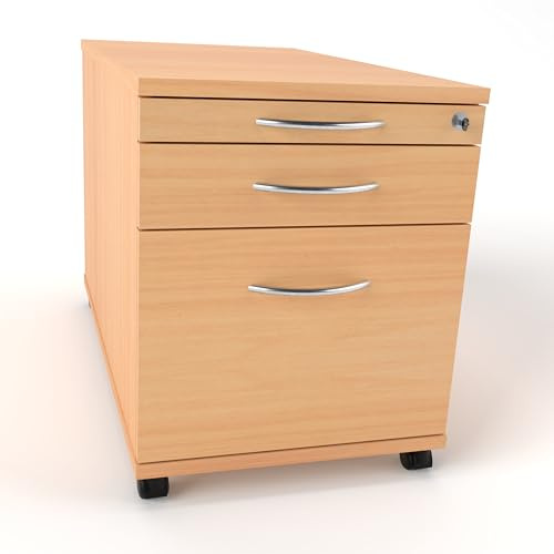 Rheinland Möbel Rollcontainer CADI 43×80×51 cm – abschließbarer Bürocontainer in Buche mit Orga-, Universal- und Hängeregister-Schublade, Metall-Bogengriff