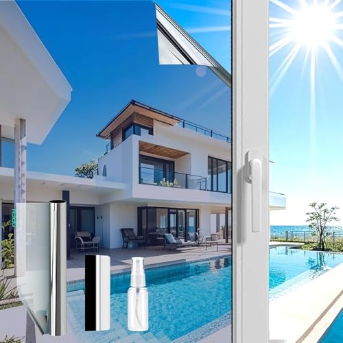 Fensfolie(44.5X200cm Silver) Window Film Privacy One Way，Sun Blocker Anti Glare UV Window Film Self Adhesive for Home and Office, Mirror Window Tint Film Heat Control Sun Blocker