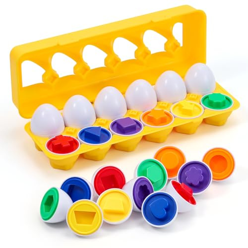 VUIYA Matching Eggs - Toddler Toys - Color Shapes Egg Set - Educational Color, Shapes and Sorting Recognition Skills - Sorting Puzzle for Kid Baby Toddler Boy Girl, Easter Basket Gift (12 Eggs)