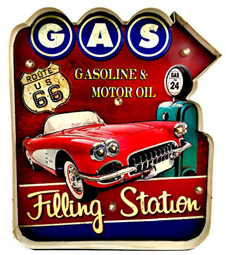 Cartel Retro Luminoso Garage Vintage Letrero Metálico Artesania Accesorios Decoración Hogar (Gas Filling Station 2)