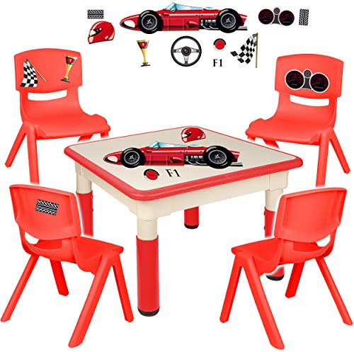 alles-meine.de GmbH Sitzgruppe für Kinder - Tisch + 4 Kinderstühle - Größen & Motiv & Farbwahl - Auto - Rennwagen/rot - höhenverstellbar - 1 bis 8 Jahre - Plastik - für INNEN &..