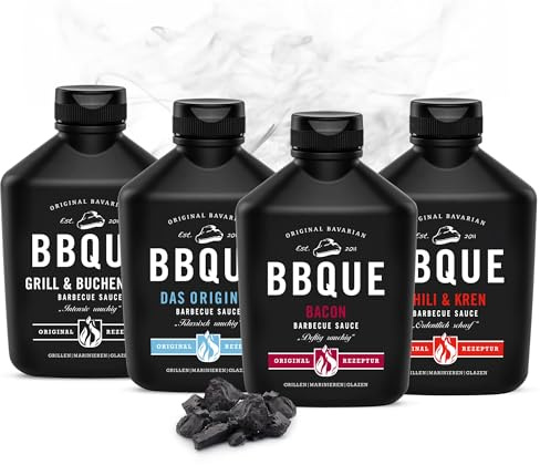 BBQUE - BBQ-Saucen Set Baconlicious 4 Squeeze-Flaschen 4x400 ml Vorteilspack - Barbecuesauce Bundle (Original, Grill & Buchenholz, Chili & Kren, Bacon) - Ideal zum Grillen, für Marinaden & als Dip