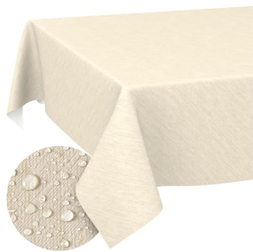 Mantel de Hule Lavable, para jardín, Aspecto de Lino, Cuidado fácil, Impermeable, 180 x 140 cm (Rectangular), Color Crema, Borde de Corte