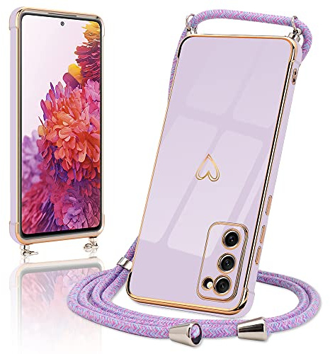 Micoden Handykette für Samsung Galaxy S20 FE 4G/S20 FE 5G Hülle mit Band | Necklace Handyhülle Kameraschutz Herz Love Design Slim Galvanik Silikon TPU Case Kordel zum Umhängen Schutzhülle, Lila