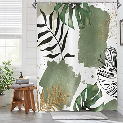 Boho Blätter Duschvorhang 180x180 cm, ASDCXZ Moderne Abstrakt Kunst Grün Schwarz Gold Palm Blätter Bad Waschbar Duschvorhang Polyester Textil Wasserdicht Duschvorhänge für Badewanne mit 12 Haken