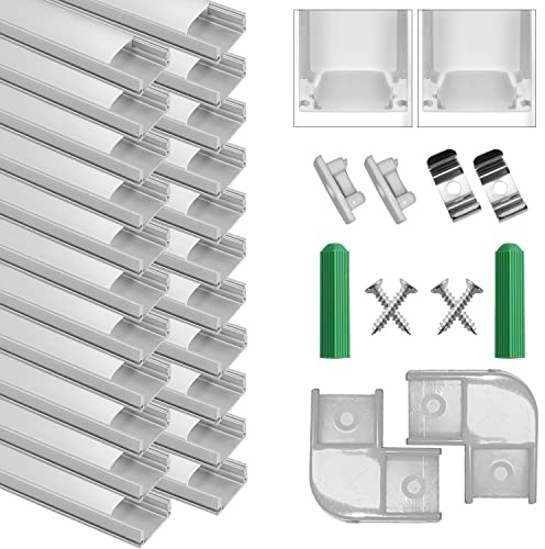 LED Aluminum Profile U-Shape 20x1m, Led Channel with Cover, Led Aluminum Channel and Diffuser for Led Strip Lights with Milky White Cover, End Caps and Metal Mounting Clips (20×1M-U, Silver)