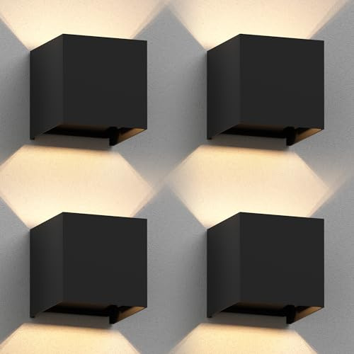 ledscom.de 4x Wandleuchte CUBEL für außen, schwarz, IP65, Up & Downlight, quadratisch + LED Lampe max. 485lm, warmweiß