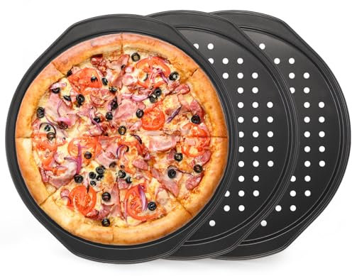 TOPZEA 3 Pack Pizza Crisper Trays, 12 Inch Pizza Tray for Oven, Non-Stick Carbon Steel Pizza Pans Screen with Holes & Handles, Perforated Round Cookie Baking Sheets Plate Bakeware for Home, Restaurant