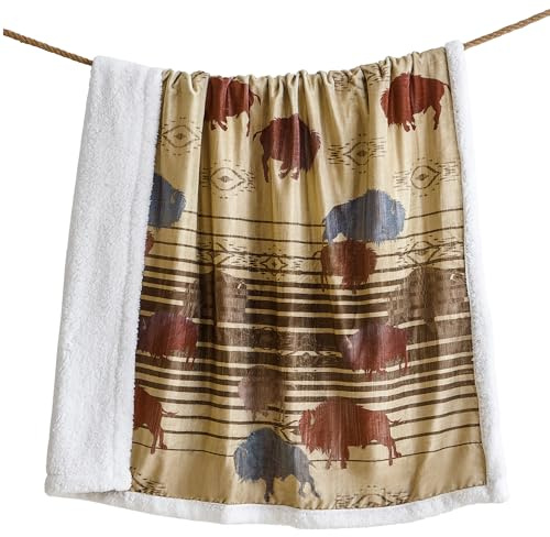 Indigo Hill by HiEnd Accents Home on The Range Sherpa Throw Blankets, Buffalo Bison Print, Aztec Pattern Western Blanket for Camping Outdoor, Sherpa Fleece Blanket for Couch, Sofa, Bed, 54x68 inch