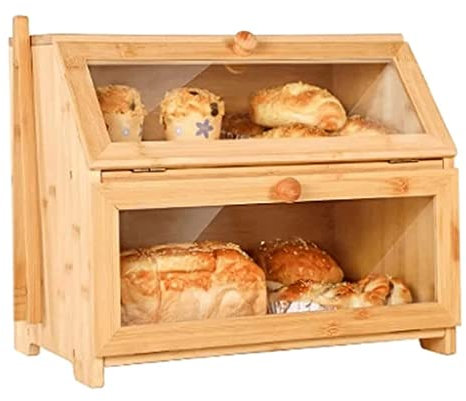 POCHY Boîtes à pain Boîte à pain de haute qualité Double boîte à pain en bois Stockage de pain de grande capacité avec porte-pain en verre Belle Généreux