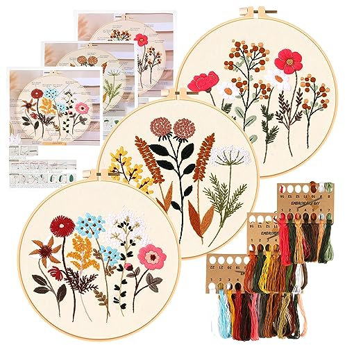 HDHGXUJRD Sticken Set Erwachsene, Blumenmuster Pflanzen Embroidery Kit Stickset für Anfänger mit 3 Stück Kunststoff-Stickrahmen, Stickerei Set Farbfäden und Werkzeuge für DIY Kunst, Handwerk, Sticken