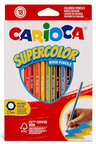 Carioca Supercolor - Confezione da 18 Matite Colorate Esagonali. Colori Assortiti e Intensi, Ideali per Disegnare e Colorare