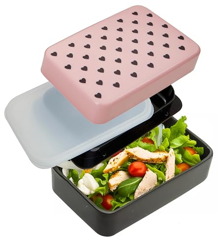 Premier Housewares Stylish Light Pink Hearts Lunch Box With Cutlery| Compact Lunch Box For Travelling | Stackable Box With Compartments For Kids School | Lightweight Lunch Box