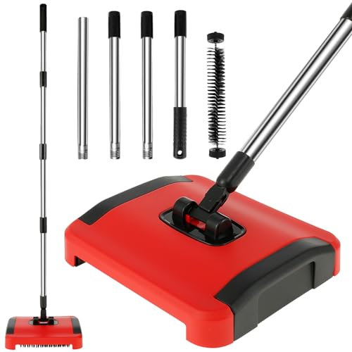 Carpet Floor Sweeper Manual with Horsehair Manual Carpet Sweeper Cleaner Non-Electric Carpet Broom Sweeper Non Electric Quite Rug Roller Brush Push for Cleaning Pet Hair Loose Debris Lint(Gules)