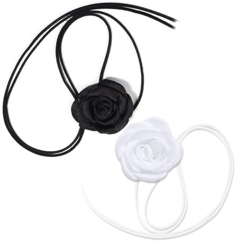 Queerelele 2 Stück Blumen Choker Halskette Rosen-Halsband Vintage Große Blume Choker Schleife Blume Schnürung Halskette Rosen-Choker für Frauen Mädchen Braut Hochzeit Party Geburtstag (Schwarz Weiß)