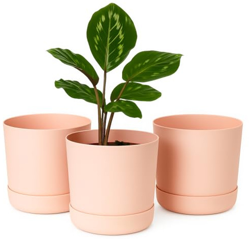 Home Garden Ornaments Plant Pots Indoor – Set of 3 Plastic Outdoor Planters with Drainage Holes and Saucer, Classy Decorative Flower Pots (17cm / 6.5inch – Pink)