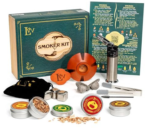 Whiskey Smoker Kit mit Taschenlampe - Naturholzbox 2 Metallfilter Whiskey Steine - Old Fashioned Cocktail Smoker Kit Männer Geburtstagsgeschenkideen Geschenke für Papa Ehemann Frauen Mama (Kein Butan)
