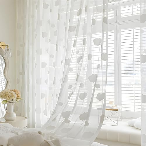 Odot Halbtransparente Vorhänge, Weiße Wolken Jacquard Voile Vorhang Stangentasche Gardinen Vorhang Ösenvorhang 2 Stück Fensterschal Moderne Vorhänge Fenster für Wohnzimmer Schlafzimmer (132x241cm)
