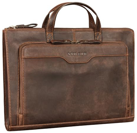 STILORD Silvano Echtleder Laptop Sleeve 13,3 Zoll Vintage Laptop Hülle Schmal Leder Reißverschluss Büro Aktentasche A4 mit Fächern Notebook Schutzhülle für Damen und Herren Farbe:Veleta - braun