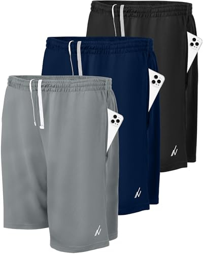 NY Threads Multipack Mens Athletic Shorts, Large, Black/Navy/Medium Grey