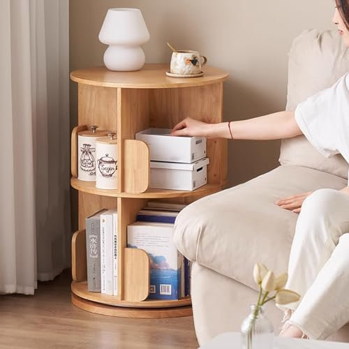 Drehbares Bücherregal aus Massivholz, 360° Drehbares Regal mit 2 Ebenen für Kleine Räume, Standregal, Vitrine für Schlafzimmer, Wohnzimmer, Büro