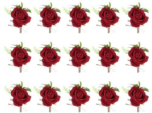 sourcing map 15 x Ansteckblume für Herren, leuchtend rote Rose, Bräutigam, Anstecknadel mit Anstecknadeln für Hochzeit, Jahrestag, Dinner-Party