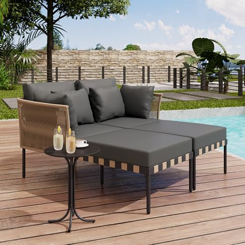 Huayz Sonnenliege im Außenbereich, Gartensofa,Abnehmbarer und Modularer Garten Loungesessel, Balkonmöbel-Set, Terrassenmöbel mit 4 Kissen, Couchtisch, mit Abnehmbaren und Waschbaren Kissen (Grau)
