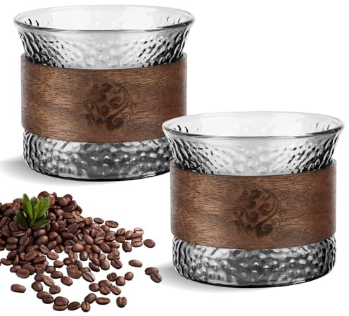 Fonyet 2er Set Espressotassen Glas 150 ml Kaffeetassen Glas mit Verbrühsicherem Holzring, espresso- & mokkatassen für espresso, Tee, Mokka