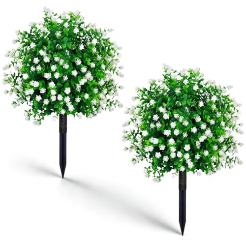 Fall Artificial Boxwood Topiary Ball Tree with Mums Flowers,Faux Shrubs Boxwood Balls Artificial Plants with Spike,Fake Evergreen Tree for Porch,UV Resistant Fake Mums Flowers Plants for Indoor Front