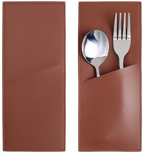 CALFOVERA 2 Stück Utensilienhalter Aus PU Leder Vintage Bestecktasche Browne Besteckhüllen Aus Leder Rustikales Besteck Geschirr Aufbewahrungsset Organizer Für Küche Zu Hause Weihnachtstischdekoration