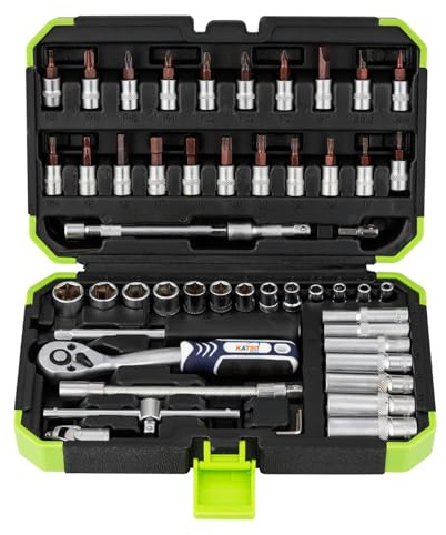 KATSU Tools 53-Piece 1/4 Drive Socket Set, 4-14mm Metric and Deep Sockets, 72 Teeth Quick Release Ratchet Wrench, Screwdriver Bits, Plastic Case, for Auto Bicycle Repair DIY