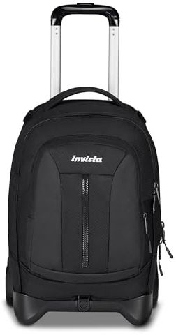 Invicta Schultrolley Plug LED, Schultasche für Mädchen, Schwarz, 3 in 1, Doppel-Rucksack mit abnehmbarem Wagen, PC-Tasche, Trinkflasche, 34 l, für mittlere und obere Schule, Reisen
