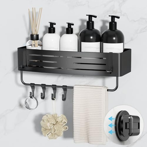 Aluminium Duschregal Ohne Bohren mit Saugnapf, Eck-Duschablage mit 6 tragbaren Haken, Wasserdicht Badregal Abnehmbarer Bad-Organizer mit Handtuchhalter, Mattschwarz