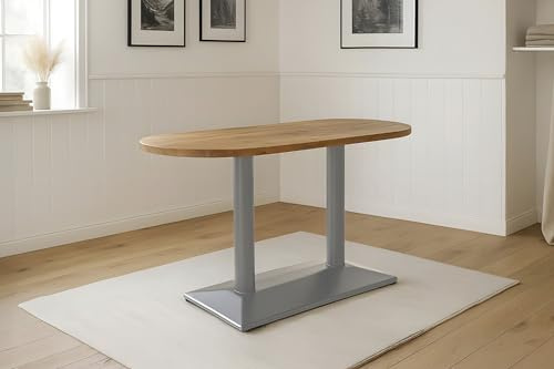 SAM Bistrotisch Emilian | 110 x 50 cm | Akazienholz massiv | Farbe: Natur | ovale Form | silbernes Doppel-Säulengestell aus Metall