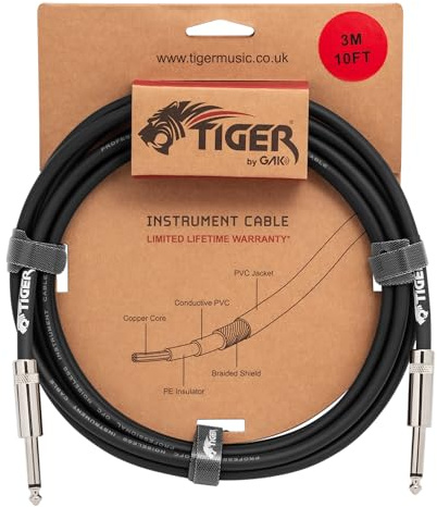 Tiger Cavo per chitarra da 3 m, jack mono da 1/4, connettori in rame, schermato, a basso rumore, per chitarra elettrica, basso, tastiera, amplificatore