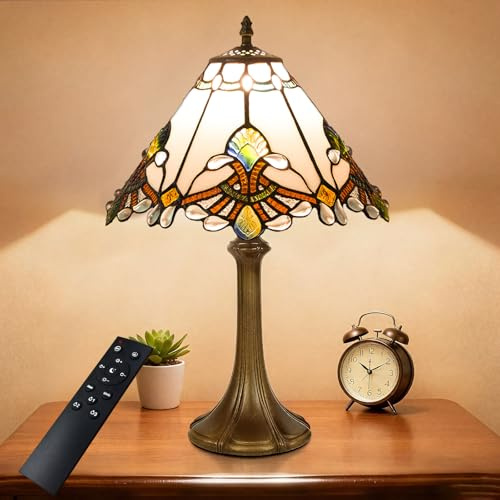Crefotu 12 Inch Baroque Style Tiffany Table Lamp, Vintage Stained Glass Desk Lamp with Remote Control, 3 Color Temperature & Brightness Level for Office Home Bedroom Living (White)