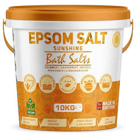 Scented Epsom Bath Salts 10kg Infused with Sunshine Essential Oil, 100% Natural Mineral Salts - Supports Sleep and Relieves Aching Muscles Magnesium Sulphate Foot Soak Bath Epsom Salt