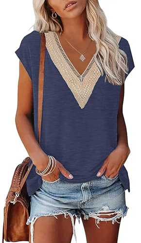 PLOKNRD T-Shirt D'été à Manches Courtes pour Femme Col en V et Élégant Décolleté Dentelle Été Top Lâche Classique