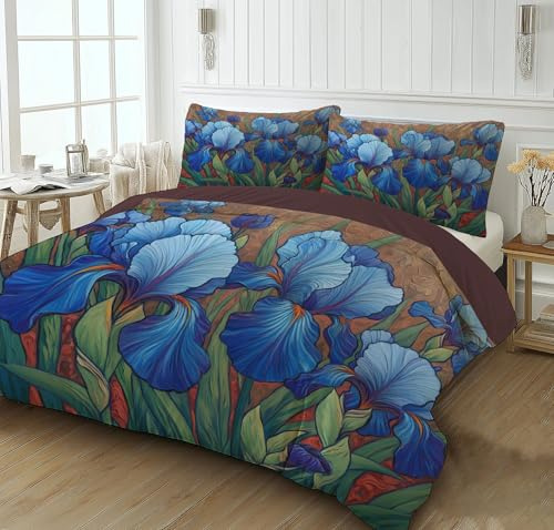 CEDNXOER 3D Blaue Iris Bettwäsche Set 135x200cm 2 teilig Weiche und Angenehme Microfaser Wendebettwäsche Blumen Ölgemälde Braun Bettbezug mit 1 x Kissenbezug 80x80 cm