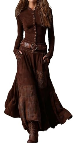 XUSAI Rouge,M,Robe Maxi Western Vintage pour Femmes, Automne décontracté, Manches Longues, col Montant, Slim, Longue, Carreaux, Patchwork, Robe en Daim
