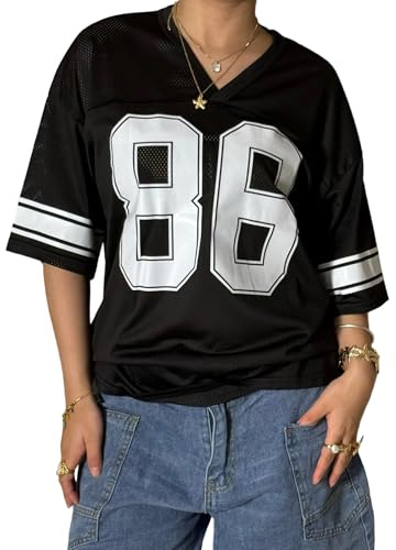 Anuedgis Camiseta de manga corta Y2K para mujer, cuello en V, gráfico de números, camiseta de baloncesto para verano, ropa estética