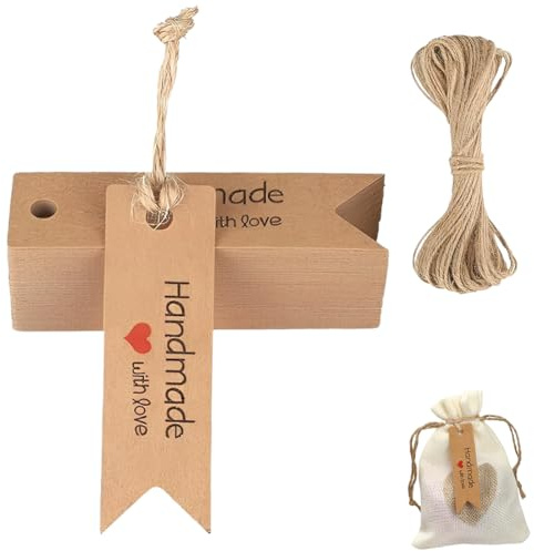 KAHZOR 100 Pezzi etichette handmade in carta kraft con corda da 20 m, da appendere, etichette regalo, tag regalo mini etichettes per matrimoni, compleanni e natale (marrone, 7x2cm)