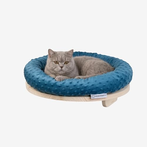 Cuccia per Gatti Tonda da Parete in Legno d’Abete PEFC Artigianale, con Cuscino Blu Lavabile, Mensola per Gatti Super Robusta per Dormire, Gioco e Relax, Fino a 20 kg – Percorsopergatti