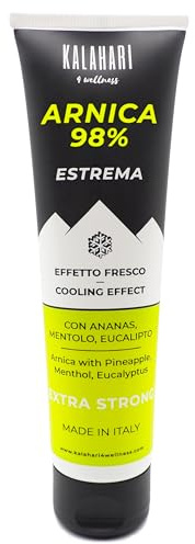 KALAHARI Gel à l’Arnica 98% – Extrême et Extra Fort enrichi en extrait d’Ananas - Action intense pour massages des Muscles et Articulations – Effet Froid, Formule Naturelle, Fabriqué en Italie, 100ml